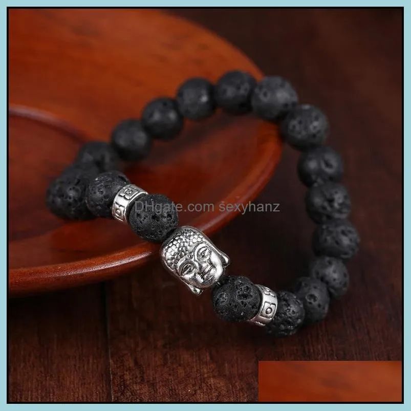 Men`s Women`s Diffuser Jewelry Anti-fatigue Silver Buddha Bracelet Lava Natural Stone Charms Bracelets Volcanic Rock Prayer GWF12320