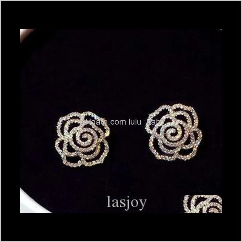 Super Glittering Ins Fashion Luxury Designer Diamonds Zircon Elegant Camellia Rose Flower Earrings For Woman Girls Gold Sqgov Vg0Qh