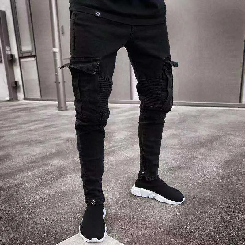 Hommes jean moulant multi-poches mince crayon pantalon 2021 noir nouveau homme salopette rue hip-hop Moto vélo vêtements jean X0621