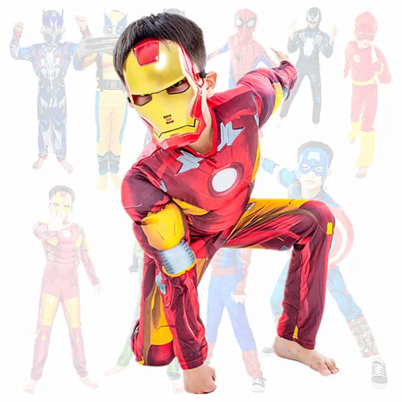 4-12Y Barn Iron Ma Spider Boy Superhero Muscle Kostym Barn Halloween Cosplay Suit Glove Gift Q0910