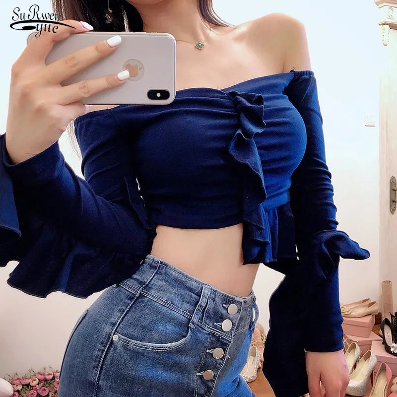 Dames Blouses Shirts Spring Korte Slash Neck Sexy Tops Vrouwen Blouse Geforfd Lange Mouwen Katoen Casual Solid Fashion voor 12575