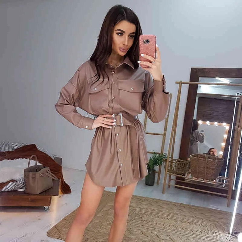 Abito da donna in pelle a trapezio con scollo a barchetta Mini abito tasche frontali Tinta unita Elegante abito camicia a maniche lunghe Abito