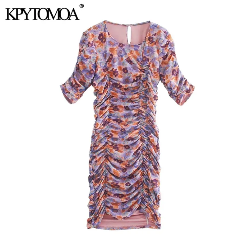 Kvinnor Mode Blommigtryck Draped Elastic Midi Dress O Neck Kortärmad Kvinnlig Klänningar Vestidos Mujer 210420