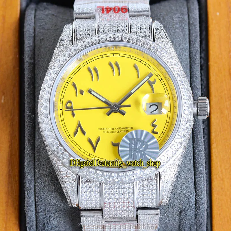 Eternity Relógios RRF Produtos mais recentes 126334 124300 126333 Amarelo Dial Arab A2824 Mecânica Automática Gelado Full Mens Relógio 904L Steel Diamonds Case Pulseira