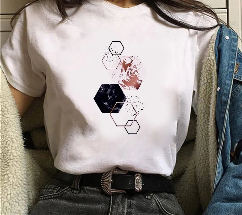 Damen-Sommer-T-Shirt, prägnanter geometrischer Grafikdruck, kurzärmelig, Rundhals-T-Shirt, Oberteil (Größe (S-3XL))