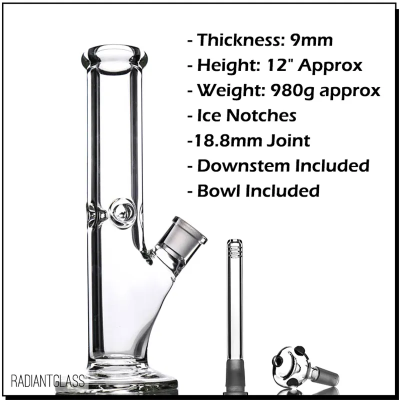 12 heavy 9mm thickness glass bong downstem bowl accessories 980g hookahs straight notches 18 8mm joint waterpipe with 14 18 14mm cone