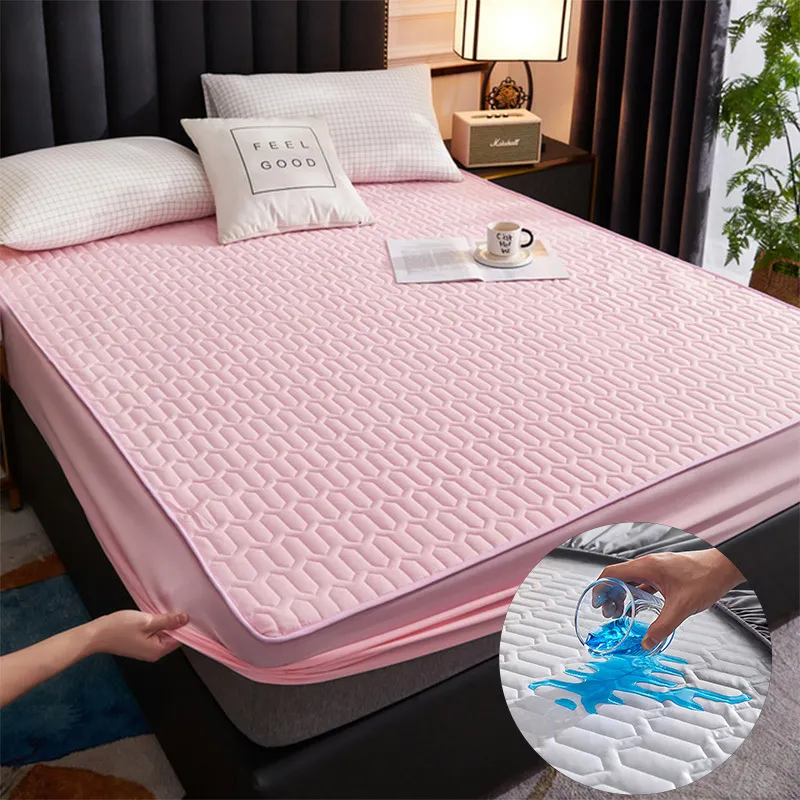 Protetor de colchão acolchoado da cor sólida Protetor impermeável da cama respirável Roupa de linho em relevo em relevo all-inclusive fibra topper almofada