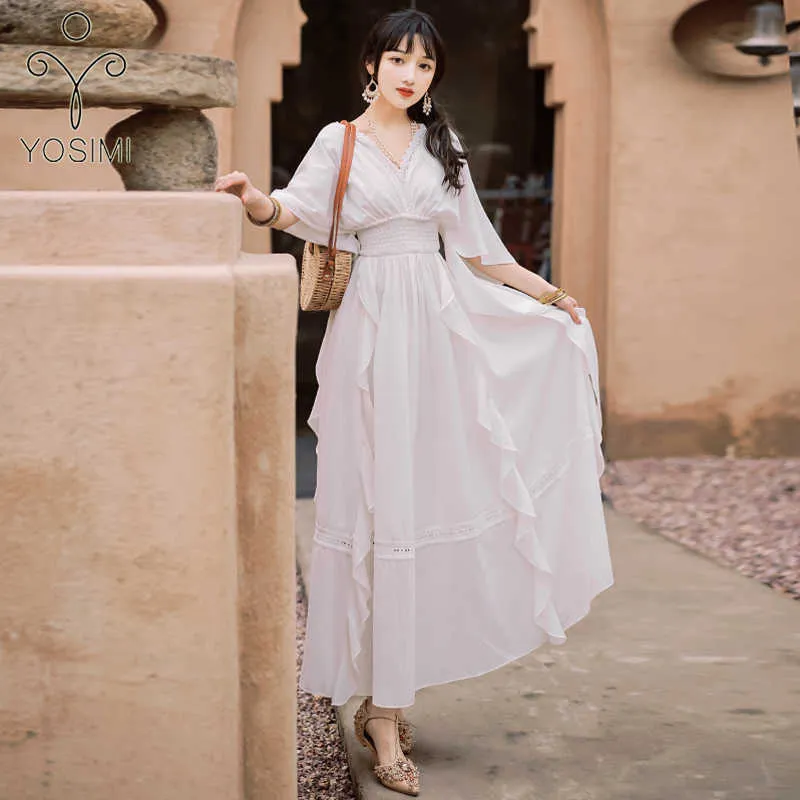 YOSIMI White Chiffon Long Women Dress Summer Lace V-neck Fit and Flare Backless Ankle-Length Batwing Sleeve Beach Dresses 210604