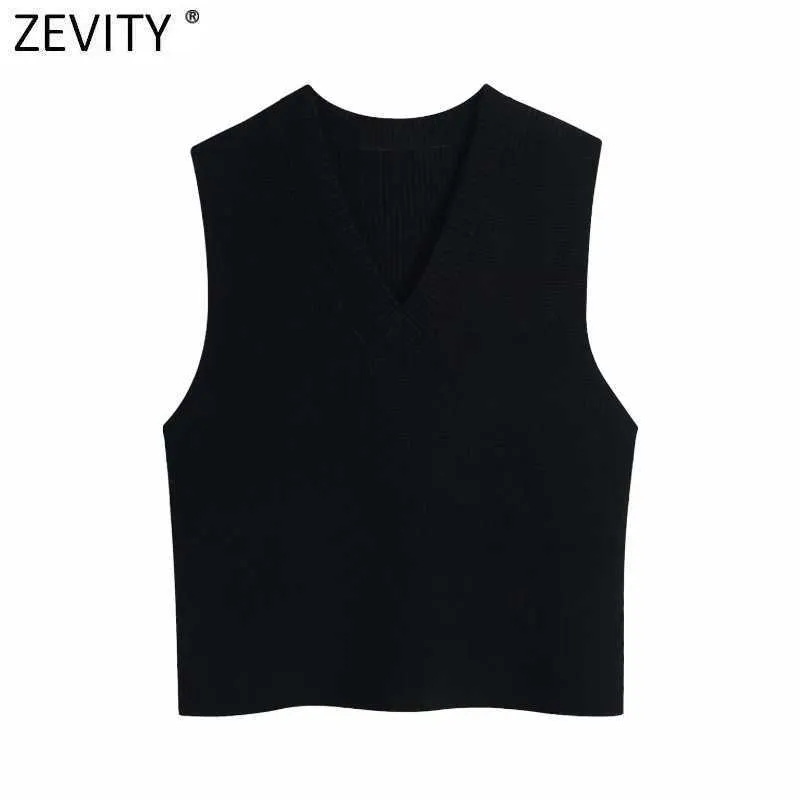 Zevity Donna Moda Scollo a V Colore nero Maglione lavorato a maglia Donna Chic Gilet senza maniche Casual Slim Pullover Top S582 210603