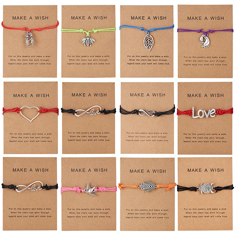 Argent antique Infinity Love Heart Owl Charms Bracelets d'identification Summer Beach Femmes Filles Bracelet en cuir fait à la main Bijoux avec carte cadeau Make a Wish