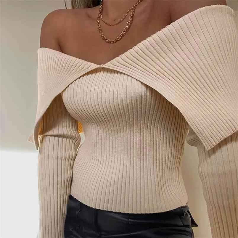 Ribbed Knit Off Ramię Cropped Tshirt Kobiety Moda Chic Spadek Zimowy Z Długim Rękawem Khaki Koszulka Elastyczna Swetry Top Tee 210510