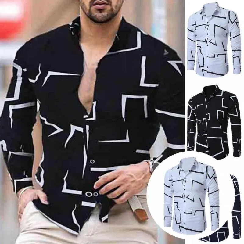 Men's Casual Shirts Autumn Top Trendy Cardigan Turn-down Collar Geometric Print Men Shirt For Going Out Spring