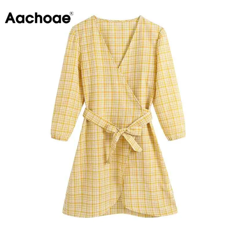 Sommer Plaid Chic Wrap Frauen V-ausschnitt Elegante Mini Kleider Damen A-linie Drei Viertel Hülse Vintage Kleid 210413