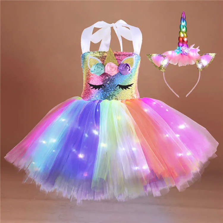 Licorne Lumineuse Fille Robe Dété Mode LED Enfants Halloween Princesse Arc  En Ciel Robes + Bande De Cheveux Costume Fête Sans Manches Enfants  Vêtements G89AV5Z Du 31,93 €