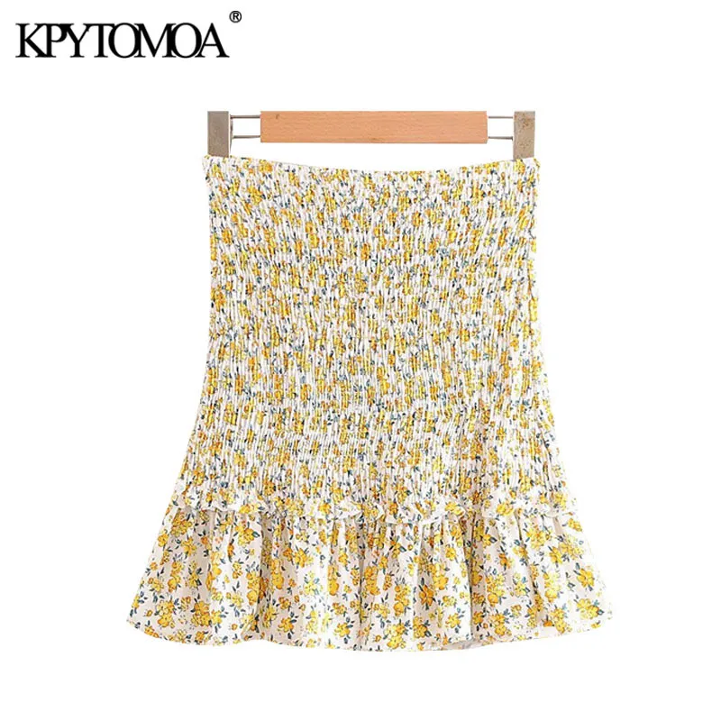Women Sweet Fashion Floral Print Ruffled Mini Skirt Vintage High Elastic Waist Smocked Female Skirts Mujer 210416