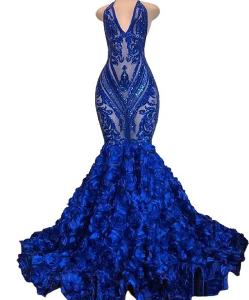 2022 Longo Royal Blue Mermaid Vestidos de baile ver através de lantejoulas brilhantes profundas V Neck Halter 3D Flor Africano Formal Vestidos de Partido Noite