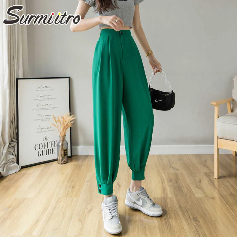 SURMIITRO Pantaloni Harem lunghi Donna Moda Estate Stile coreano Pantaloni alti alla caviglia in vita elastica verde Donna 210712