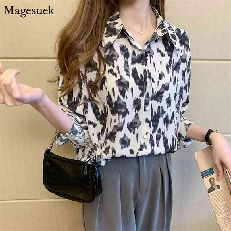 Leopard Retro Långärmad Skjorta Kvinnor Höst Loose Print Tops Streetwear Chiffon Blouse Office Lady Blusas 10543 210512