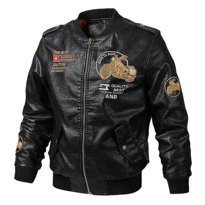 Män Motorcykel Läder Pilot Jacka Mäns PU Läder Broderi Jackor Mens Läder Casual Baseball Coats Jaqueta Masculina 5XL Y1109