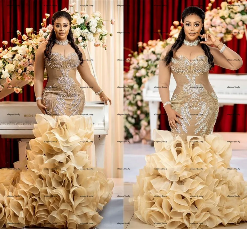 Afrika Organze Gelinlik Ruffles Tren Boncuklu Altın Şampanya Mermaid Uzun Kollu Arapça Gelin Törenlerinde Robe De Mariage Dantel-Up