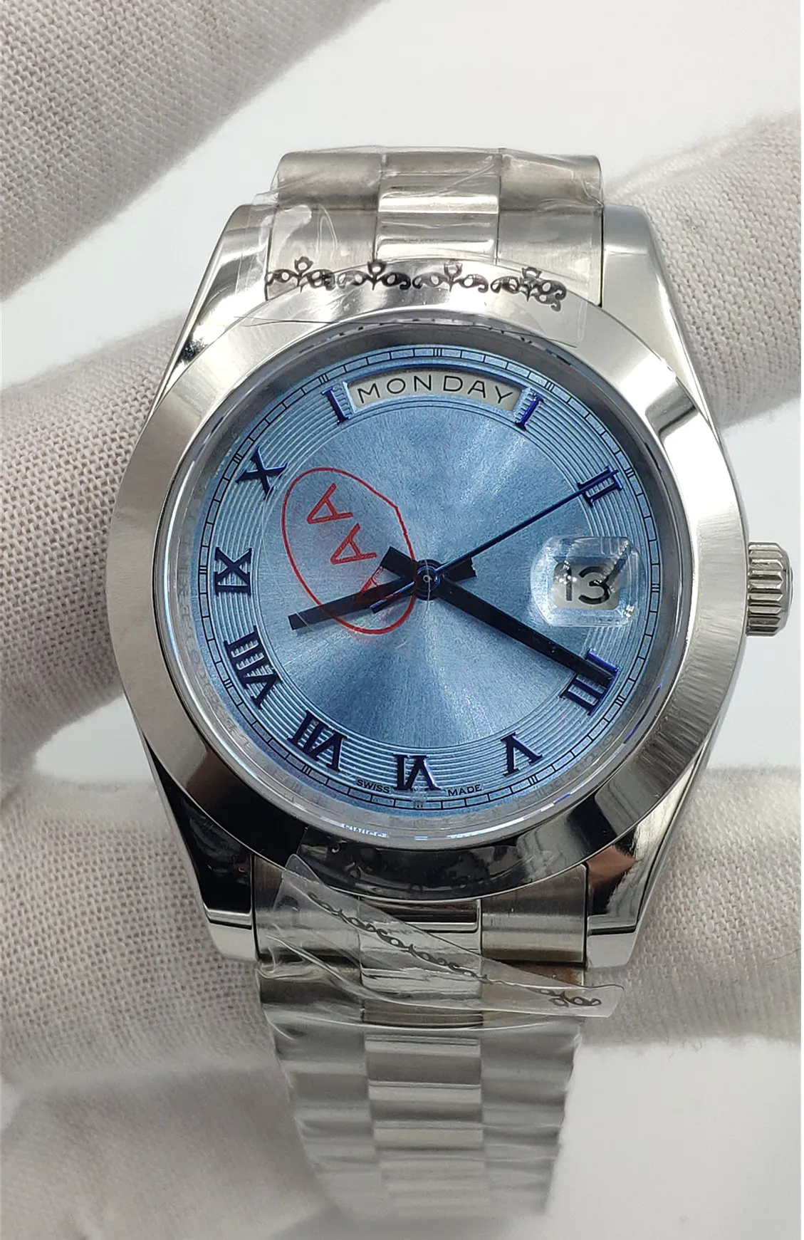 Orologio automatico da uomo 2021, piatto speciale blu, numeri romani, doppio calendario, zaffiro impermeabile