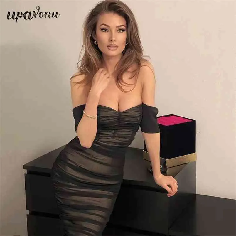 Gratis kvinnor bandage klänning sexig kort axel kortärmad bodycon mesh draped club party midi vestidos 210524