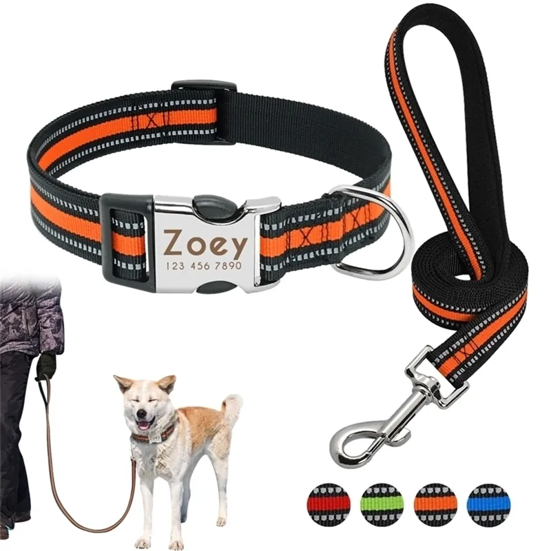 Custom Dog Collar Leash Set Personalized Pet Nylon Dog Tag Collar Anti-lost Reflective Nameplate ID Tags Collars Adjustable S-L 210729