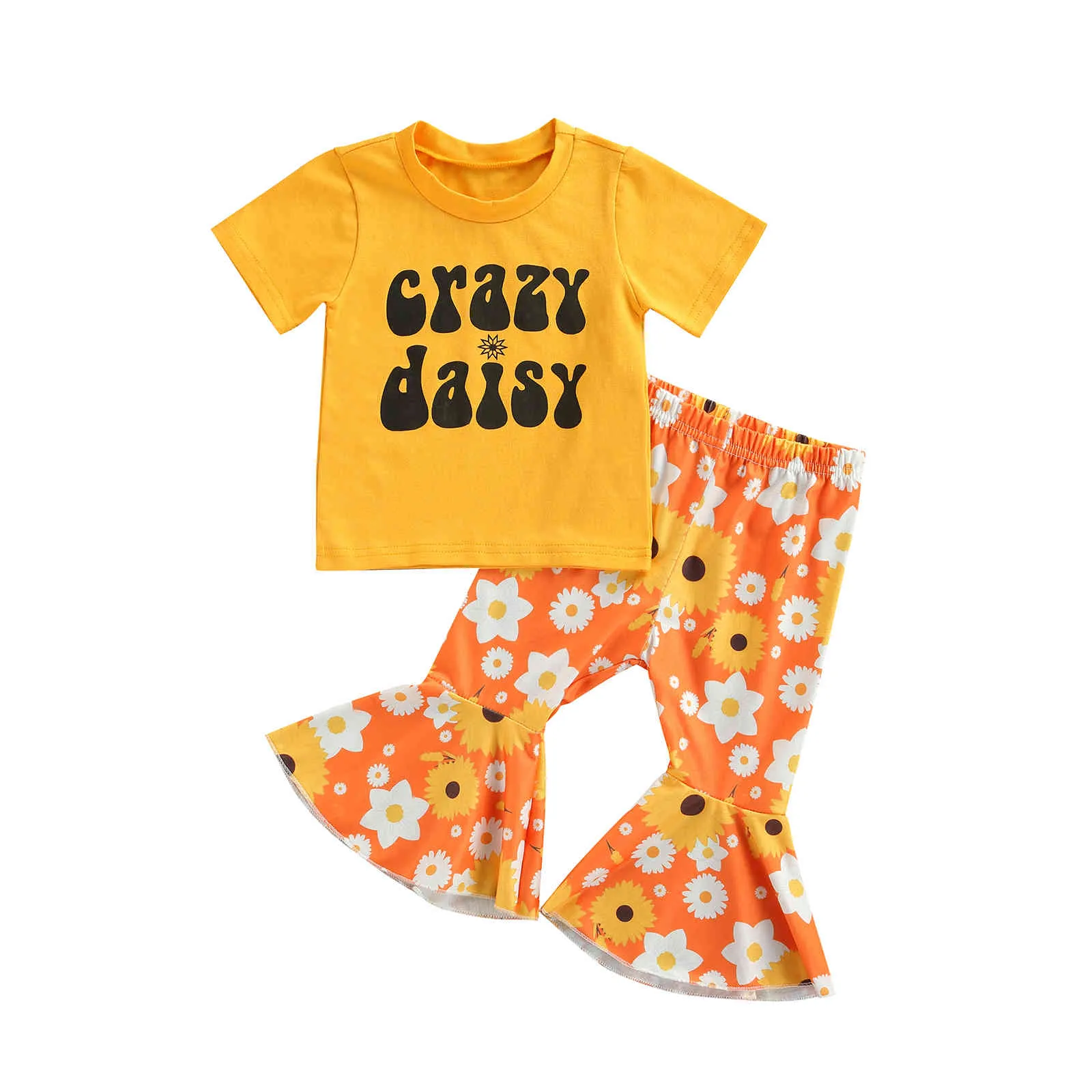 0-3Y Summer Born Baby Girl Vêtements Ensemble Lettre T-shirt Fleur Pantalon Flare Tenues Costumes 210515