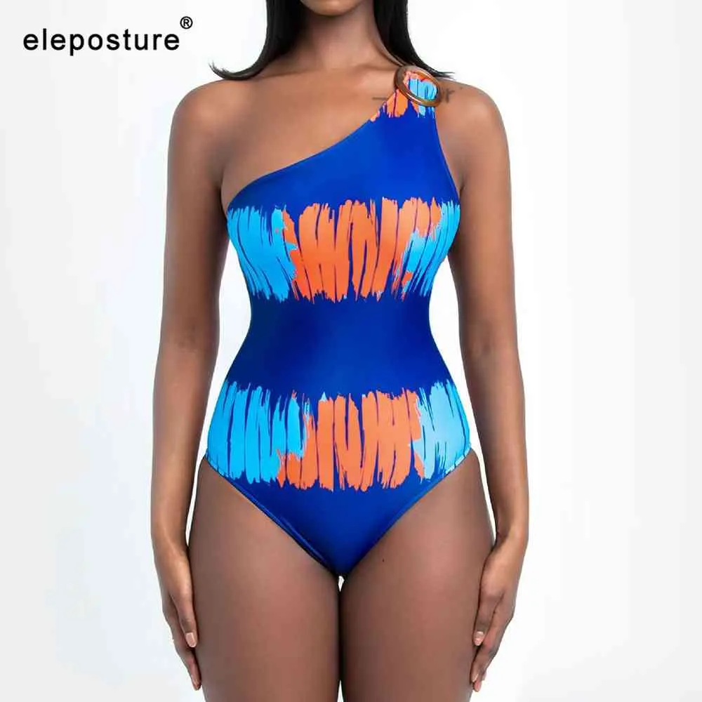 Uma peça de ombro roupa de banho mulheres impressão swimwear feminino bodysuit empurrar monokini backless banhos trajes se desgaste de praia 210521