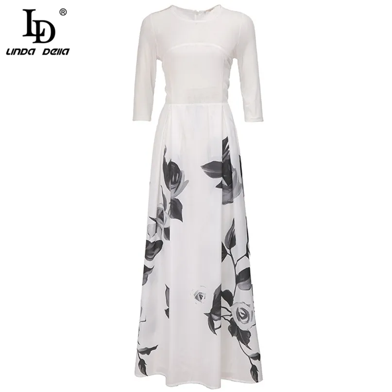 Lato Elegancki Kwiatowy Druku Vintage Długa Dress Kobiety O-Neck White Tulle Patchwork Luźne Panie Runway Maxi 210522