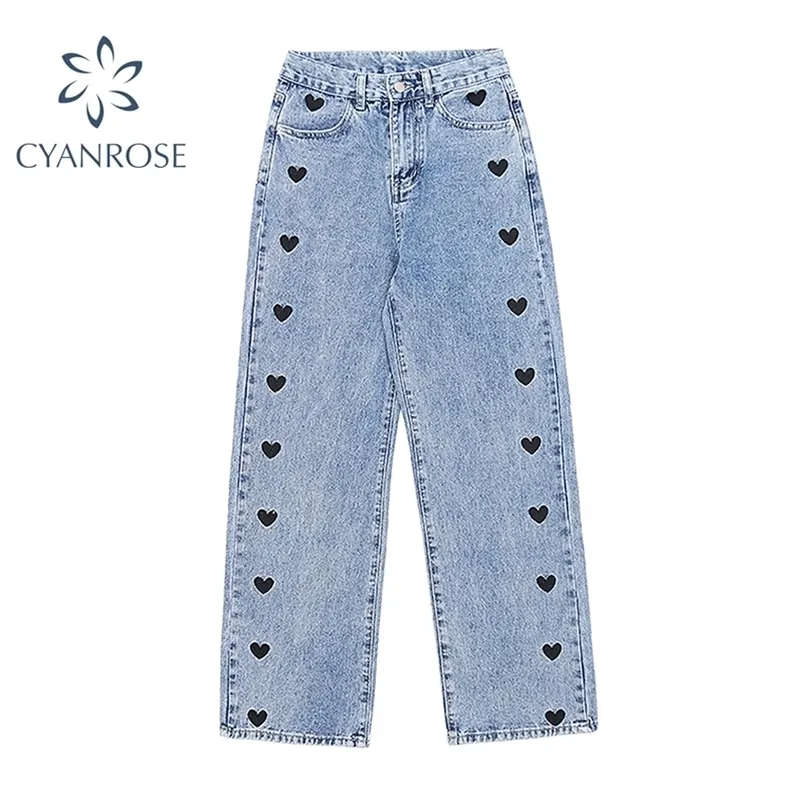 Vår Vintage Wide Leg Jeans Kvinna Long Denim Trousers Cowboy Kvinna Loose Korean Streetwear Heart Flower Print Pants 210515