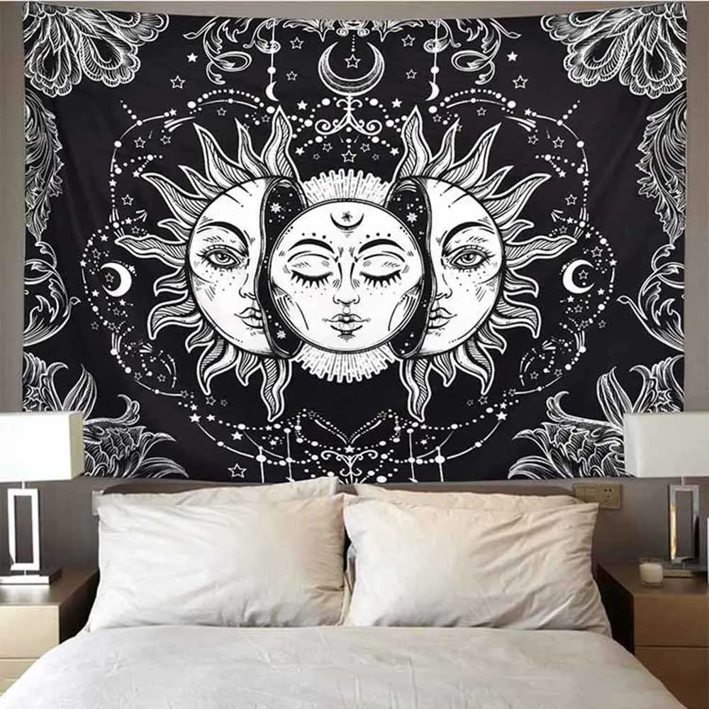 95x73cm Mandala Blanc Noir Soleil et Lune Tapisserie Hippie Mur Tapis Tenture Gossip Tapisseries Dortoir Décor Couverture 210609