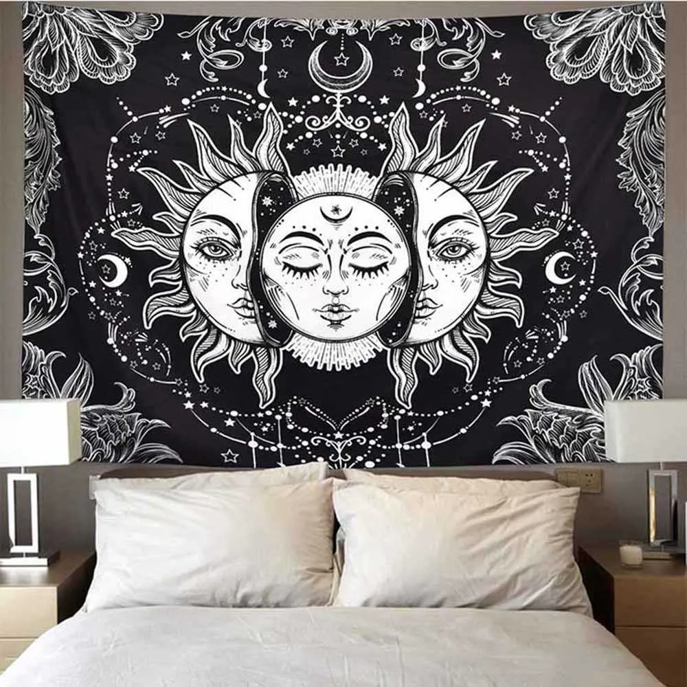 95x73cm Mandala Branco Negro Sol e Lua Tapeçaria Hippie Parede Tapetes de Parede Pendurar Gossip Tapeçarias Dormitório Decoração Cobertor 210609