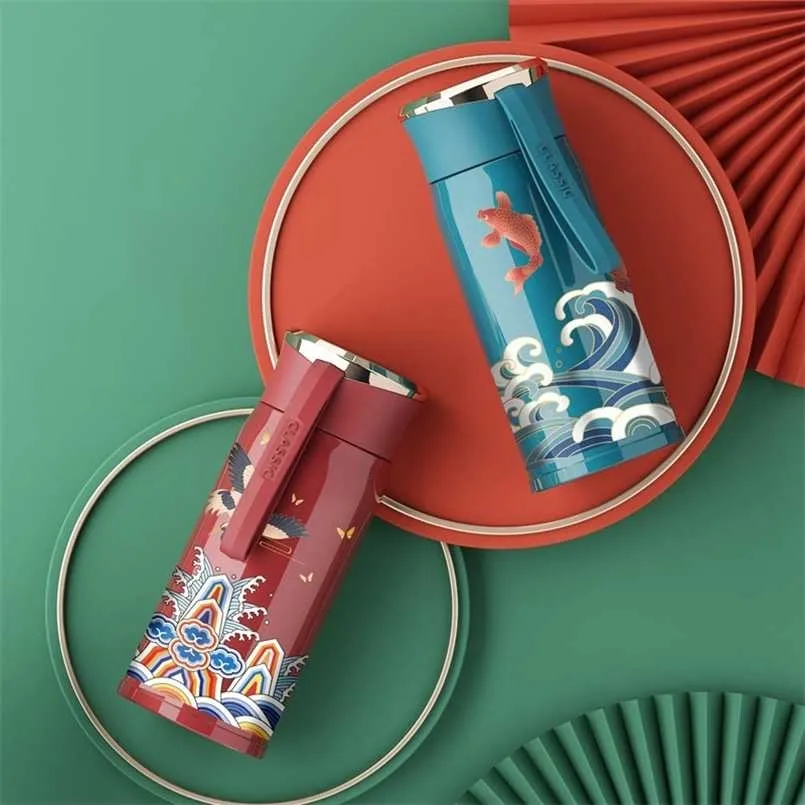 Cinese Lucky Vacuum Cup Infusore per tè Piccolo thermos Bottiglia d'acqua Bicchiere da viaggio in acciaio inossidabile 304 Tazza da caffè Regali per gli amanti 211109