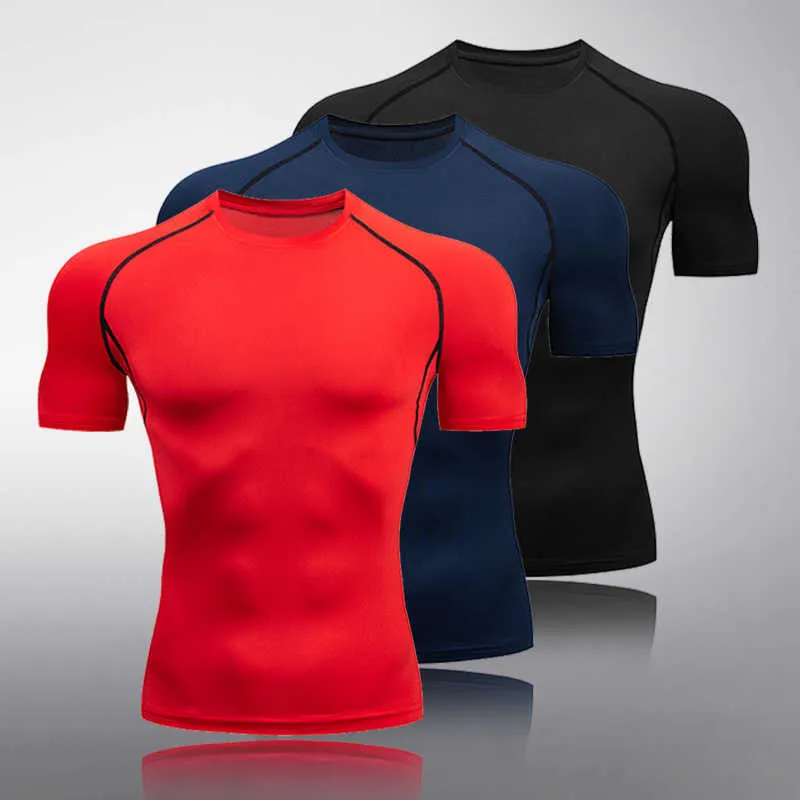 Men's Tops T-Shirts Fitness Shirt Short Sleeve Solid Color T-Shirt Tights Breathable bodybuilding clothes muscle shirt 210629