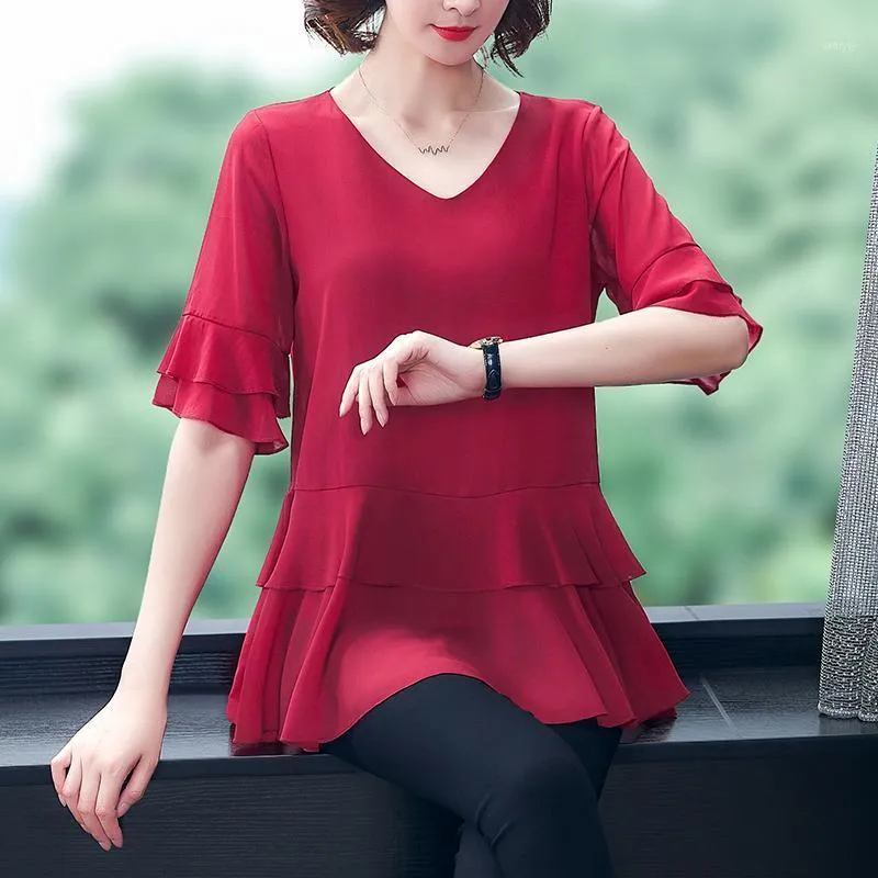 Summer Chiffon Women Blouse O-neck Elegant Loose Shirt Office Ladies Tops Female Blusas Plus Size 5XL Clothing Women's Blouses & Shirts