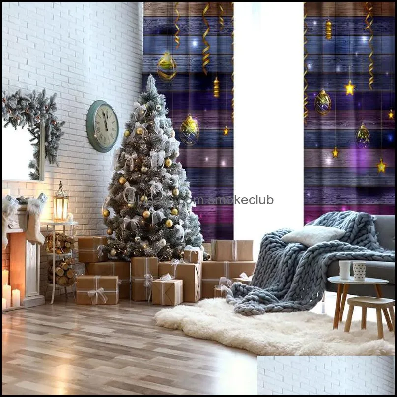 Curtain Golden Stars Baubles Hanging In Front Of Wooden Wall Holiday Celebration Festive Theme Yellow Purple Brown