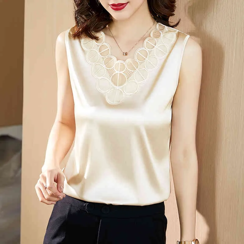 Koreański jedwab kobiety bluzki koszule kobieta satynowa koszula topy bluzka bez rękawów plus rozmiar elastyczna koronka V-Neck 210427