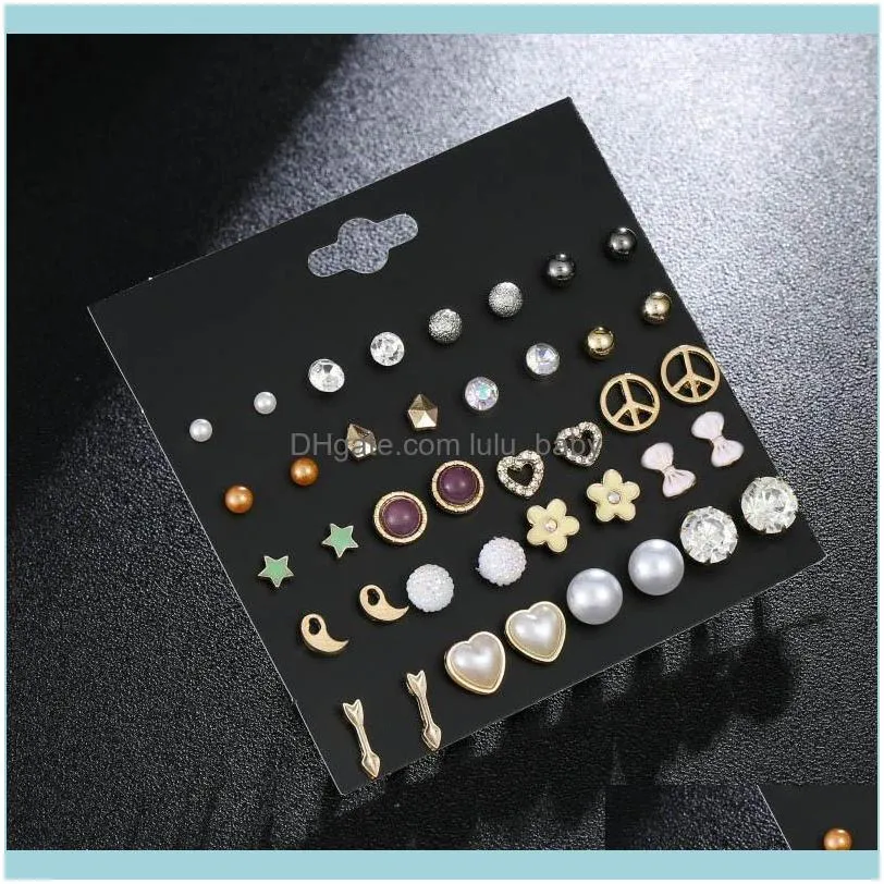 20Pairs Fashion Women Earrings Set Pearl Crystal Stud Female Simple Trendy Jewelry Dangle & Chandelier