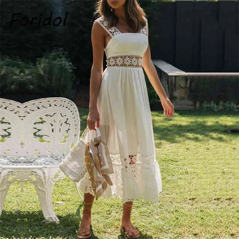 Spring Summer Women Beach Dress Elegant Backless Maxi Hollow Out White Midi Long Vestidos De Mujer 210427