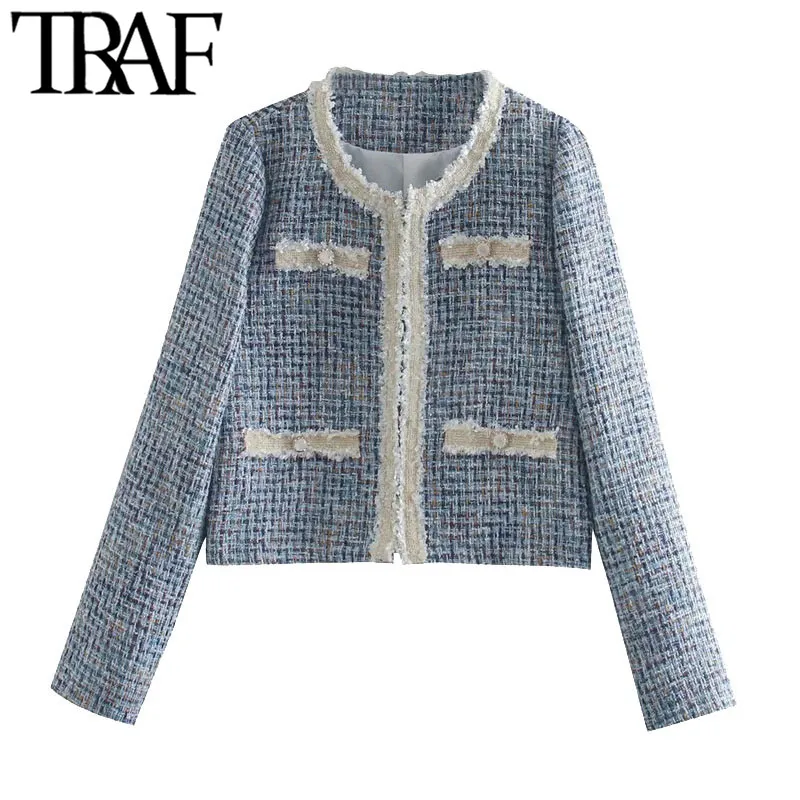 TRAF Women Fashion Patchwork Checked Tweed Jacket Coat Vintage Long Sleeve Frayed Trim Female Outerwear Chic Tops 210415