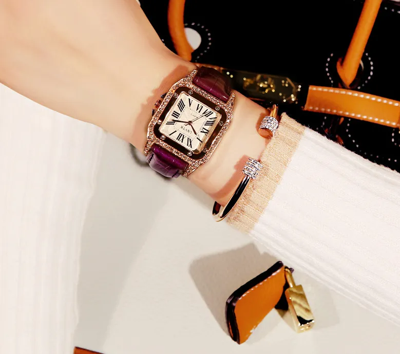 Vintage Dames Horloge Strass Mode Student Quartz Horloges Echte Lederen Riem Vierkante Diamanten Inzet Mineraal Glas Dames Wristwa244R