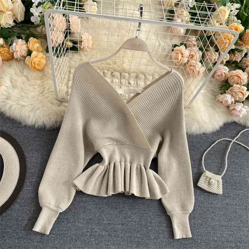 Jesień Kobiety Błyszczące Knitting Sweter Top Sexy V Neck Batwing Rękawów Ruffles Swetry Eleganckie Damskie Knitwear 210603