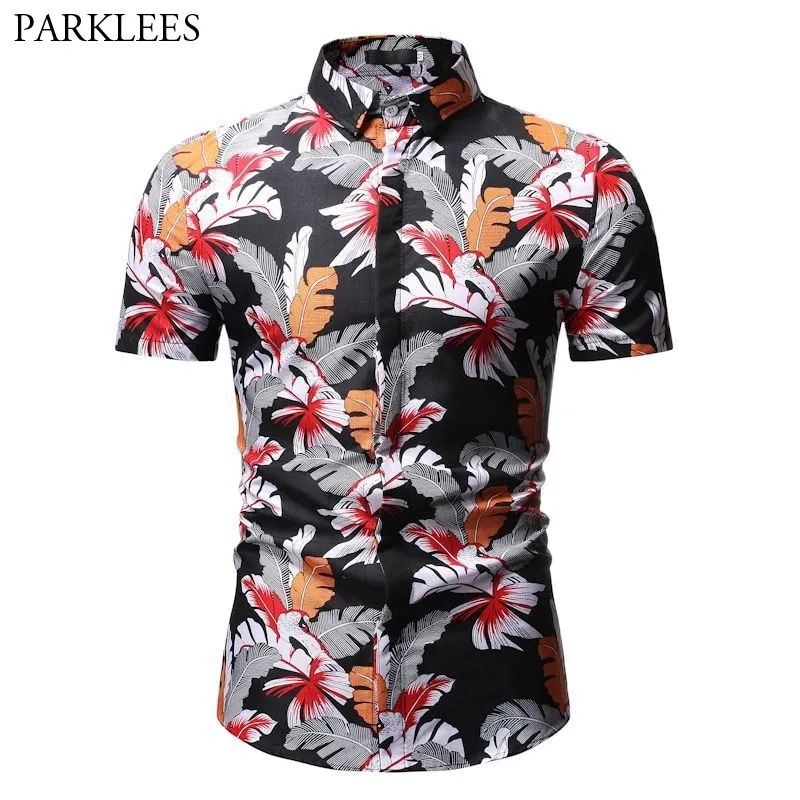 Mens Hipster Slim Fit Korte Mouw Button Down Shirt Casual Floral Print Hawaiian Shirt Mannen Zomer Beach Hawaii Shirt Male 3XL 210524