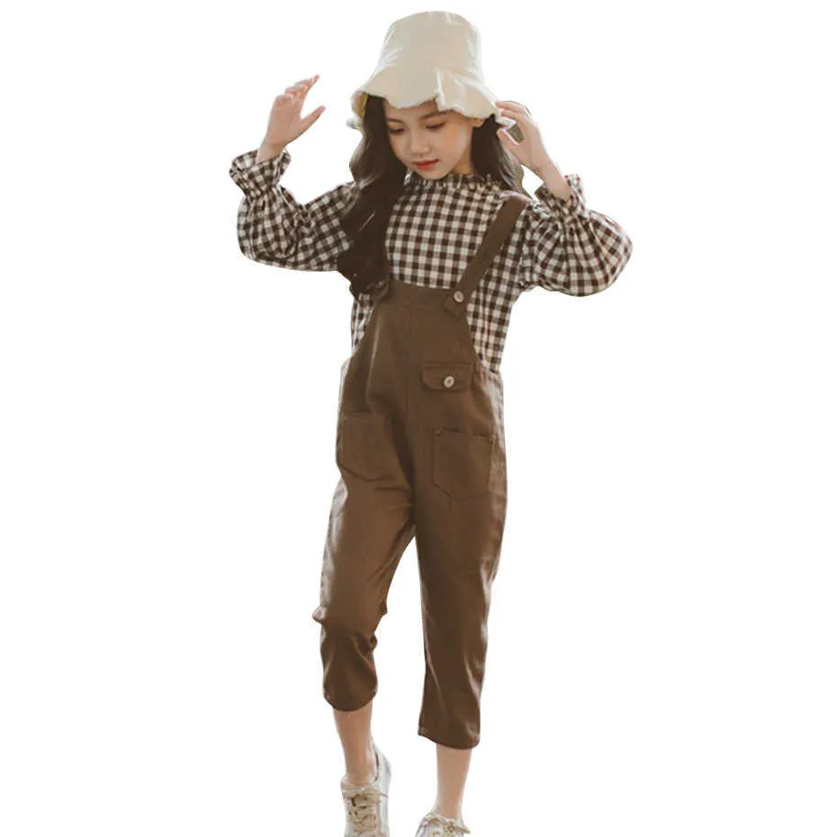 Kinder Kleidung Plaid Bluse + Overall Anzug Für Mädchen Rüschen Sets Kleidung Frühling Herbst Kinder Anzüge 6 8 10 12 14 210528