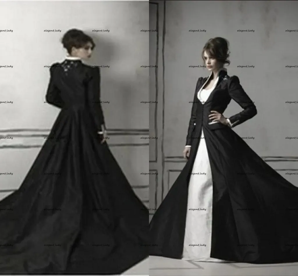 中世のチャペルの列車のビーズサテントップブライダルドレスビンテージブラックホワイトゴシック刺繍のウェディングドレス長袖コート2個