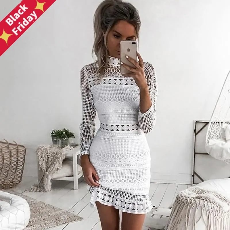 Casual Dresses Kvinnor Klänning Sexig Vit Lace Stitching Hollow Out Party Elegant Kort Mini Sommar Vår Långärmad Kläder Vestidos