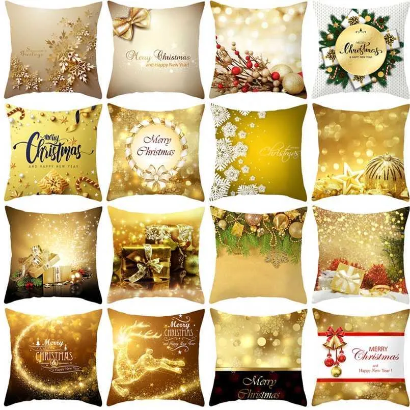 Julkudde Cover Golden Deer Merry Dekoration för hem Navidad Xmas Presentprydnad År 2022 211105