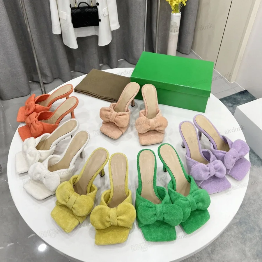 2022 Women high heel slippers fashion summer novel joker towel fabric bow 10 cm heel sandals Top Designer ladies cool slides slipper sandal botegas shoes box J8Tb#