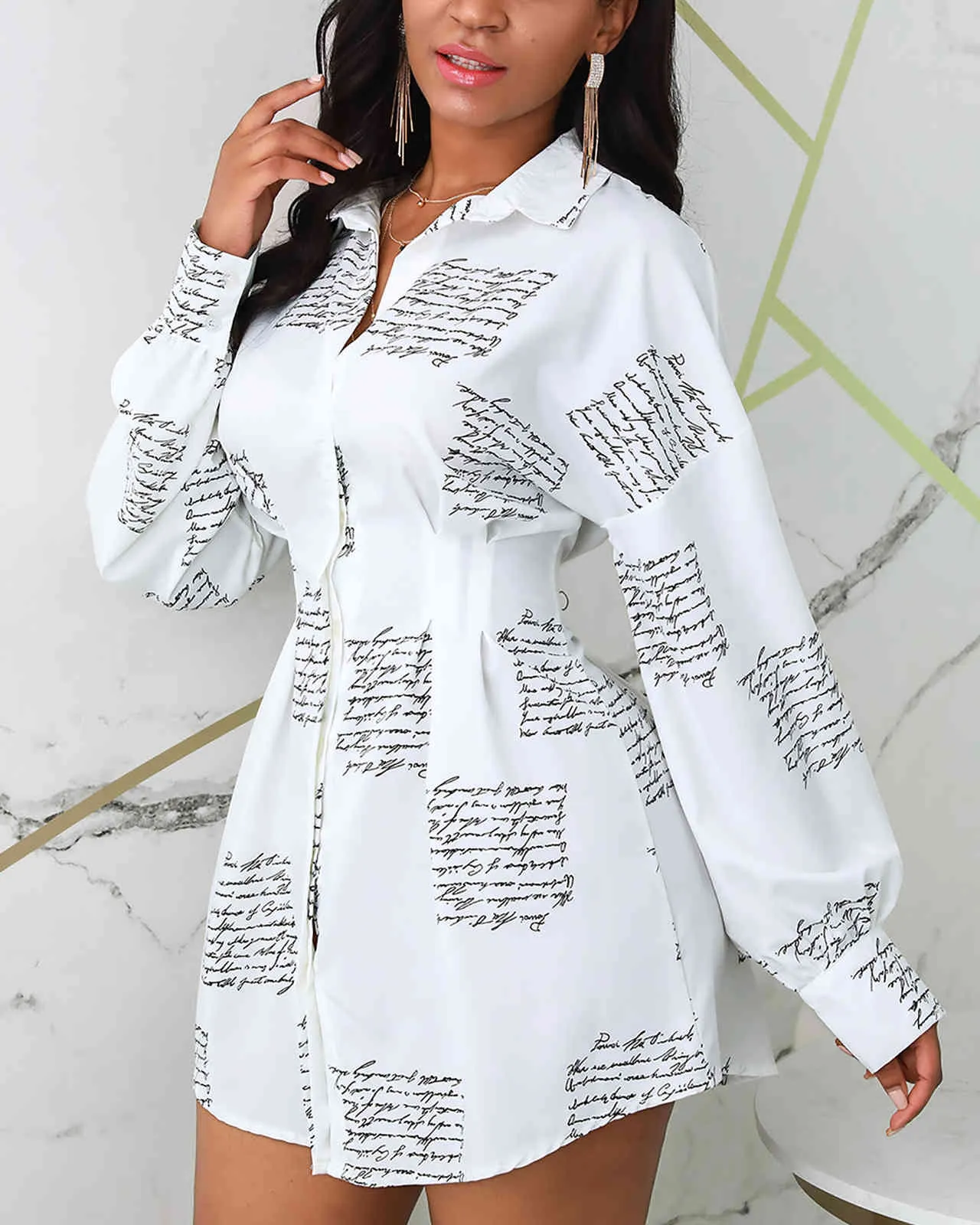 letter print shirt dress Office Chic: Shirt Dress for Women - Tight Waist, Long Sleeve, Perfect for Spring/Summer